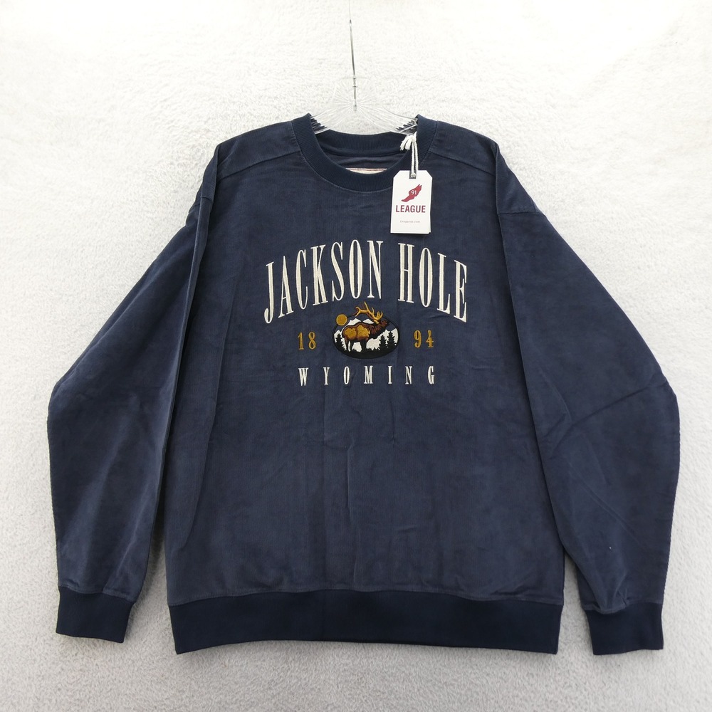 League Sweatshirt Mens Large Jackson Hole Wyoming Navy Blue Corduroy Cotton 1894